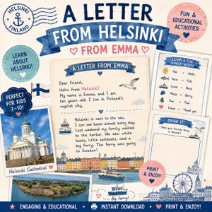 Pode incluir: Um conjunto de atividades educativas imprimíveis intitulado A Letter From Helsinki From Emma, incluindo uma carta, uma lista de vocabulário finlandês e uma tarefa de desenho. O design contém ilustrações da catedral de Helsínquia e um ferry.