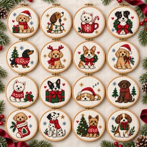 May include: Sixteen circular wooden embroidery hoops containing cross-stitch patterns of various dog breeds in festive holiday settings. Each hoop features a unique canine design, including dogs with Santa hats, scarves, Christmas trees, and gifts.