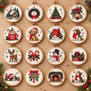 Könnte beinhalten: Ein Set aus sechzehn runden Holzstickrahmen mit Kreuzstichmotiven zu weihnachtlichen Themen, darunter eine Hütte, ein Kranz, ein Baum, eine Laterne, Kakao, ein Welpe, ein Briefkasten, ein Beagle, ein Rentier, Zuckerstangen, ein Schneemann, Geschenke, ein schlafender Hund, Misteln, ein Kamin und ein Kätzchen.