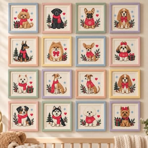 May include: A collection of sixteen framed cross-stitch artworks, each featuring a different dog breed wearing festive winter accessories like red scarves or sweaters, accented with Christmas trees, presents, snowflakes, and red hearts.
