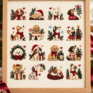 May include: A framed cross-stitch sampler featuring sixteen individual holiday-themed dog illustrations. Each square depicts a different dog breed adorned with festive elements like red scarves, Santa hats, Christmas trees, gifts, and mistletoe.