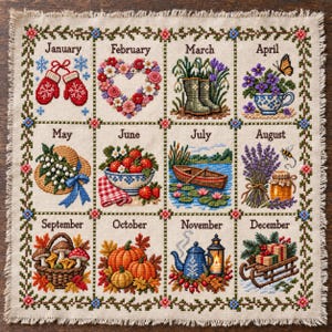 Puede incluir: Una pieza de tela de lino cuadrada con un diseño de calendario en punto de cruz que presenta doce ilustraciones estacionales distintas etiquetadas de enero a diciembre, enmarcada por un borde floral decorativo con acabado deshilachado en los cuatro lados.