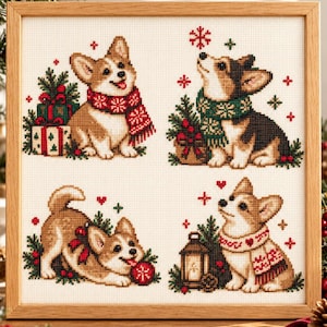 クリスマス犬のクロスステッチパターンセット、コーギーデザイン4種類、ボーナスパターン付き、PDFダウンロード
