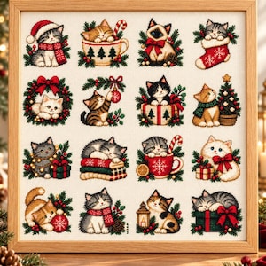 May include: A square framed cross-stitch sampler featuring sixteen individual holiday-themed cat illustrations. Each cat is depicted with festive elements like Christmas trees, stockings, presents, wreaths, candy canes, and red bows.