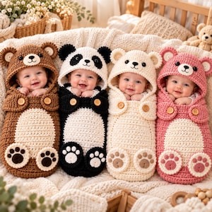 Peut inclure: Quatre nourrissons enveloppés dans des langes en crochet sur le thème des animaux. Les langes présentent des capuches avec des oreilles d'ours ou de panda, des visages brodés et deux boutons en bois sur la poitrine avec des pattes.