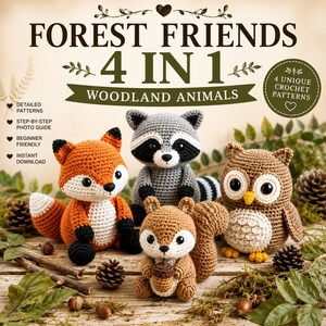 May include: A digital crochet pattern set titled FOREST FRIENDS 4 IN 1 WOODLAND ANIMALS featuring four handmade stuffed toys: an orange and white fox, a gray and black raccoon, a brown squirrel holding an acorn, and a brown owl with yellow feet.