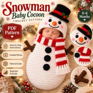 Op de afbeelding: Een haakpatroon voor een sneeuwpop babycocon met een witte inbakerdoek, drie zwarte knopen, een rood-wit gestreepte sjaal en een zwarte hoge hoed met hulst. De tekst luidt Snowman Baby Cocoon Crochet Pattern en 0-6 Months.