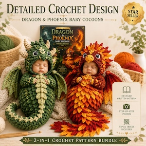 May include: A crochet pattern bundle for dragon and phoenix baby cocoons. The image displays two infants wearing textured, hooded crochet cocoons with wings and tails, one in green and one in orange and red, alongside a printed pattern booklet.
