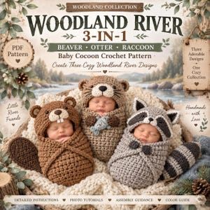 May include: A 3-in-1 PDF crochet pattern for baby cocoons featuring beaver, otter, and raccoon designs. The cover displays three infants wrapped in these crocheted animal cocoons, with text including Woodland River, 3-in-1, and Baby Cocoon Crochet Pattern.