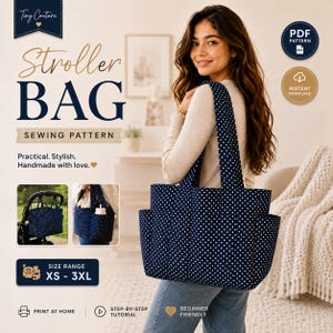 Può includere: Un cartamodello per borsa da passeggino blu navy a pois bianchi, di forma rettangolare, con ampi spallacci e diverse tasche esterne. Il testo recita Tiny Couture, Stroller Bag Sewing Pattern, Practical. Stylish. Handmade with love., Size Range XS - 3XL, PDF Pattern, Instant Download, Print at Home, Step-by-Step Tutorial, Beginner Friendly.