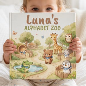 May include: A square hardcover children's book titled Luna's ALPHABET ZOO. The cover features a colorful illustration of a zoo with a giraffe, bear, crocodile, owl, and penguin, all wearing blue patterned neckerchiefs, set in a park landscape.