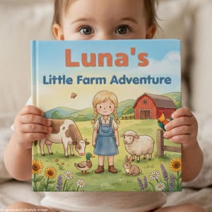Peut inclure: Un livre pour enfants à couverture rigide intitulé Luna's Little Farm Adventure. La couverture présente une illustration de dessin animé d'une fille aux tresses blondes, une vache, un mouton, un canard, un lapin et un coq près d'une grange rouge.