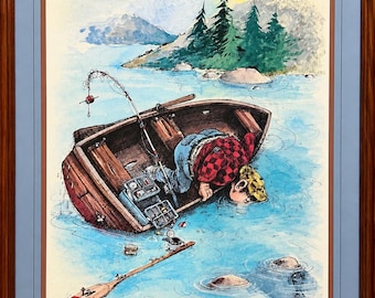 May include: A framed print titled THE SEARCH by Gary Patterson. It depicts a person in a wooden rowboat on a lake, wearing a red and black plaid shirt, leaning over the side to look into the water. A fishing rod, tackle box, and paddle are visible.