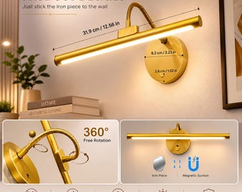 Lampe murale LED noire pour tableaux, rechargeable, avec télécommande, orientable à 360°, idéale pour les galeries d'art.