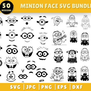 Peut inclure: Une collection numérique de 50 motifs de visages de Minions et d'illustrations de personnages en pied en noir et blanc. L'ensemble graphique comprend diverses expressions, lunettes et poses, intitulé Minion Face SVG Bundle avec les formats SVG, JPG, PNG, EPS et DXF.