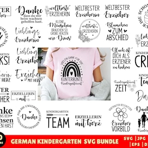 May include: A light pink t-shirt featuring a black graphic of a rainbow with hearts and the German text 'VIELEN DANK FUR DIE KUNTERBUNTE KINDERGARTENZEIT'. The image also displays a collection of 40 black and white digital design files.