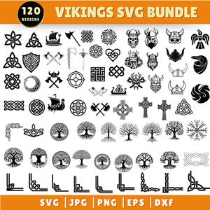 Pode incluir: Uma coleção digital intitulada 120 VIKINGS SVG BUNDLE apresentando ícones gráficos em preto e branco, incluindo capacetes vikings, crânios, machados, navios vikings, nós celtas, árvores da vida, cruzes e bordas decorativas em SVG, JPG, PNG, EPS, DXF.