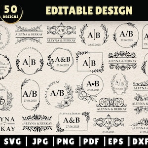 Könnte beinhalten: Eine Sammlung von 50 bearbeitbaren schwarz-weißen digitalen Designs mit verschiedenen Monogrammen, Blumenkränzen, geometrischen Rahmen und dekorativen Rändern mit dem Text A&B, T&R und ALEYNA & BERKAY, inklusive der Formate SVG, JPG, PNG, PDF, EPS und DXF.