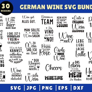 Könnte beinhalten: Eine digitale Sammlung von 30 schwarzen Grafikdesigns mit weinbezogenen Zitaten auf Deutsch und Englisch, darunter Sprüche wie 'Wein gut. ALLES GUT.', 'Wine time' und 'Cheers', dargestellt auf weißem Hintergrund mit Dateiformat-Beschriftungen.