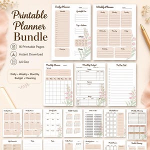 May include: A printable planner bundle featuring sixteen A4 pages with daily, weekly, and monthly layouts. The sheets include sections for schedules, budgets, to-do lists, and habit tracking, all decorated with soft floral accents in muted pink and green.