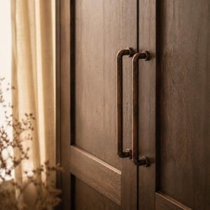 May include: A pair of vertical, dark bronze-toned metal cabinet handles mounted on a dark brown wooden door. The handles feature a simple, cylindrical bar design with rounded ends, attached to the door surface by two circular mounting plates each.