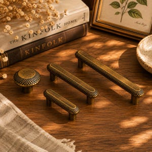 Solid Brass Cabinet Pulls & Knobs, Vintage Textured Drawer Handle, Retro Cupboard Hardware, Unique Brass Dresser Pull for Kitchen Cabinet
