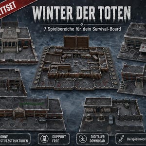 Könnte beinhalten: Ein Komplettset aus sieben Miniatur-Spielfeldstrukturen mit dem Titel Winter der Toten, bestehend aus Bibliothek, Krankenhaus, Markt, Tankstelle und einem zentralen befestigten Lager mit detaillierten grauen, verwitterten Oberflächen.