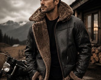 Men's Black Shearling Leather Jacket | Sherpa Lined Bomber Coat | Winter Aviator Jacket | Faux Fur Collar Coat | Gift for Him