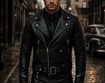 Black Leather Biker Jacket | Men's Motorcycle Moto Jacket | Quilted Punk Jacket | Genuine Leather Jacket | Motorcycle Riding Jacket