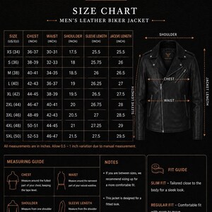 May include: A black leather biker jacket size chart by Vesido Leather. The chart includes columns for chest, waist, shoulder, sleeve length, and jacket length in inches for sizes XS to 5XL, alongside a measuring guide and fit guide.