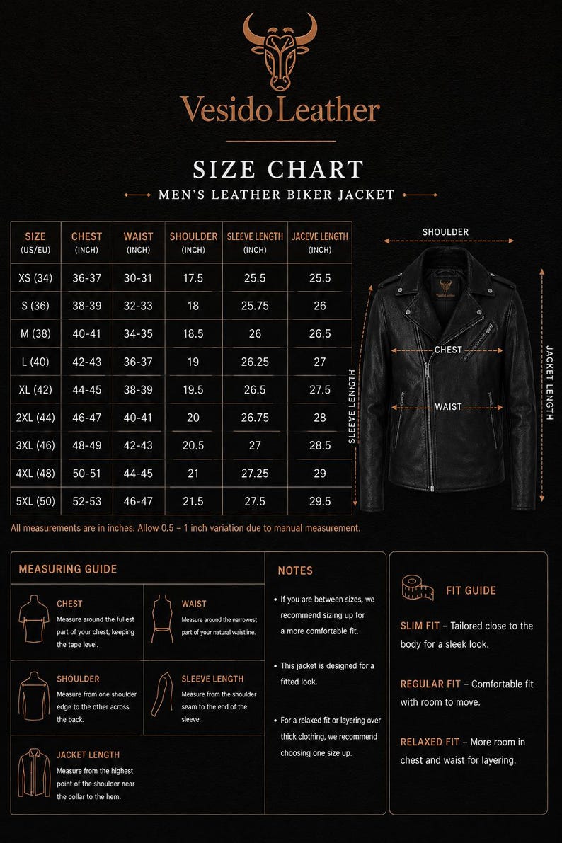 May include: A black leather biker jacket size chart by Vesido Leather. The chart includes columns for chest, waist, shoulder, sleeve length, and jacket length in inches for sizes XS to 5XL, alongside a measuring guide and fit guide.