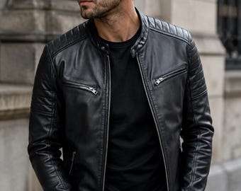 Men's Black Leather Jacket, Classic Biker Jacket for Men, Genuine Leather Motorcycle Jacket, Slim Fit Fashion Coat, Gift for Him
