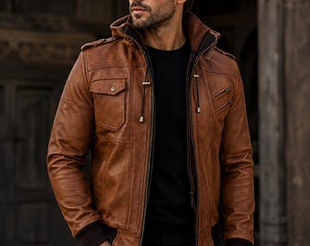 Men's Brown Sheep Leather Jacket, Hooded Vintage Biker Jacket, Genuine Leather Motorcycle Jacket, Men's Casual Winter Leather Outerwear