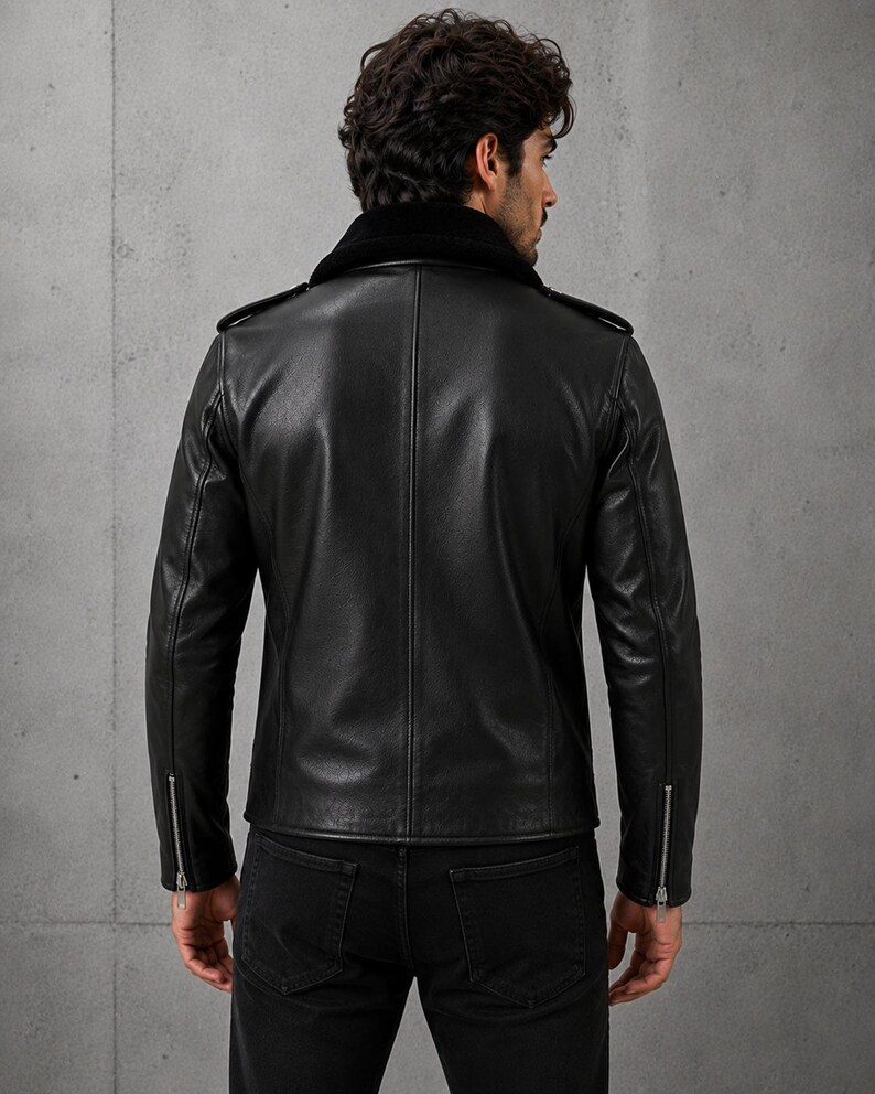 May include: A black leather jacket featuring a dark shearling collar, shoulder epaulets, and silver-toned metal zippers at the sleeve cuffs. The jacket has a smooth finish and a structured back panel design, worn over dark pants.
