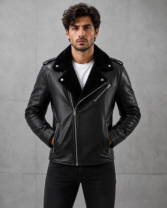 Men's Black Leather Jacket with Shearling Collar | Biker Motorcycle Jacket | Vintage Moto Jacket Men | Fur Collar Leather  | Gift for Him