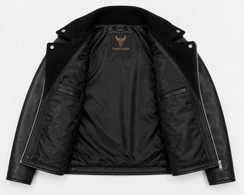 May include: A black leather jacket with a wide collar, silver-toned metal zippers, and a smooth black interior lining. The inner label features a bull head logo and the text "Vnudo Leather" printed in a copper-colored font on a black background.