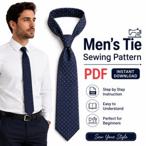 May include: A navy blue tie with a small white geometric pattern. The image includes text: Men's Tie Sewing Pattern, PDF, Instant Download, Step by Step Instruction, Easy to Understand, Perfect for Beginners, and Sew Your Style.