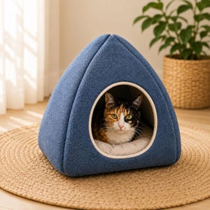 May include: A triangular pet bed with a textured blue fabric exterior and a circular opening. The interior features a light beige cushioned base. A calico cat with orange, black, and white fur is resting inside the enclosed structure.