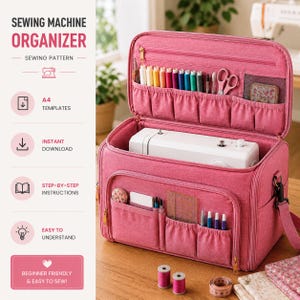 Op de afbeelding: Een roze stoffen naaimachine-organizer tas met een witte naaimachine erin. De tas heeft meerdere binnen- en buitenvakken met kleurrijke garenklosjes, een schaar en pennen. De tekst aan de linkerkant luidt SEWING MACHINE ORGANIZER.