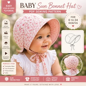 Pode incluir: Um molde de costura em PDF para um chapéu de sol para bebé, com exterior de estampado floral e forro de xadrez. O molde inclui instruções para tamanhos de 0 a 24 meses, com um desenho linear e uma foto do chapéu acabado.