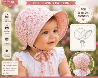 May include: A PDF sewing pattern for a baby sun bonnet hat, featuring a floral print exterior and a gingham lining. The pattern includes instructions for sizes 0 to 24 months, with a line drawing illustration and a photo of the finished bonnet.