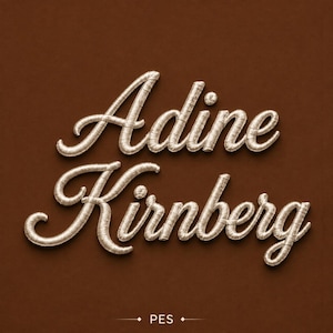 May include: The text Adine Kirnberg is rendered in a metallic, silver-toned, three-dimensional script font against a solid dark brown background. Below the text, the word PES is centered between two small diamond-shaped icons.