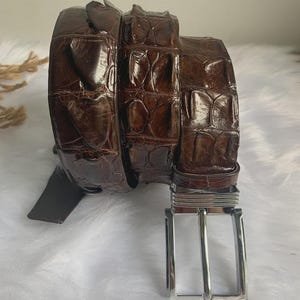 May include: A dark brown belt with a textured, embossed pattern resembling reptile scales. The belt features a polished silver-tone metal buckle with a rectangular frame and a single prong, showcasing a glossy finish throughout the strap.