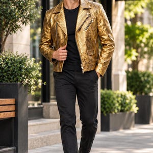 Men's Gold Snakeskin Leather Biker Jacket, Punk Rocker Style, Halloween Costume