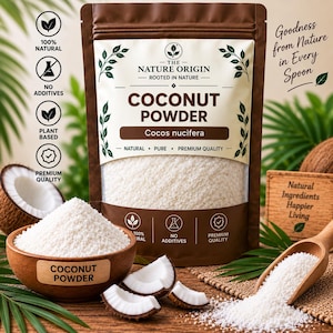 Könnte beinhalten: Ein brauner Standbeutel mit Kokosnusspulver von The Nature Origin, bei dem weißes Pulver durch ein Sichtfenster erkennbar ist. Das Etikett enthält den Text Cocos nucifera, Natural, Pure, Premium Quality sowie Symbole für natürliche Inhaltsstoffe.