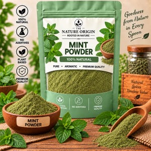 May include: A green stand-up pouch of The Nature Origin Mint Powder with a label featuring mint leaves and text. A wooden bowl and a wooden scoop contain the green powder. Icons indicate 100% natural, no additives, and premium quality.