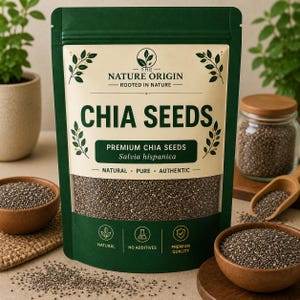 Pode incluir: Uma embalagem vertical verde-escura de sementes de chia The Nature Origin com uma janela transparente. O rótulo apresenta o texto CHIA SEEDS, Premium Chia Seeds, Salvia hispanica, Natural, Pure, Authentic e ícones de qualidade.