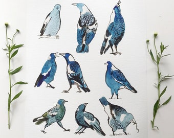 Magpies Art Print, Magpie Fine Art Print, Magpie Glicee Print, Bird Print, Bird Lover Gift, Bird Home Decor, Australian Bird, Australiana