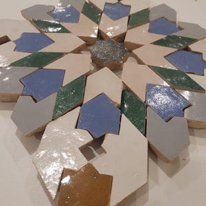 Può includere: Una disposizione geometrica di piastrelle a mosaico con un centro a forma di stella circondato da pezzi a incastro bianchi, blu, verdi, grigi e marroni. Le piastrelle hanno una finitura smaltata lucida e un motivo simmetrico complesso.