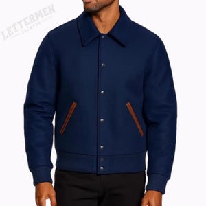 Jaqueta Varsity Masculina Azul Marinho | Jaqueta Bomber Clássica com Botões de Pressão